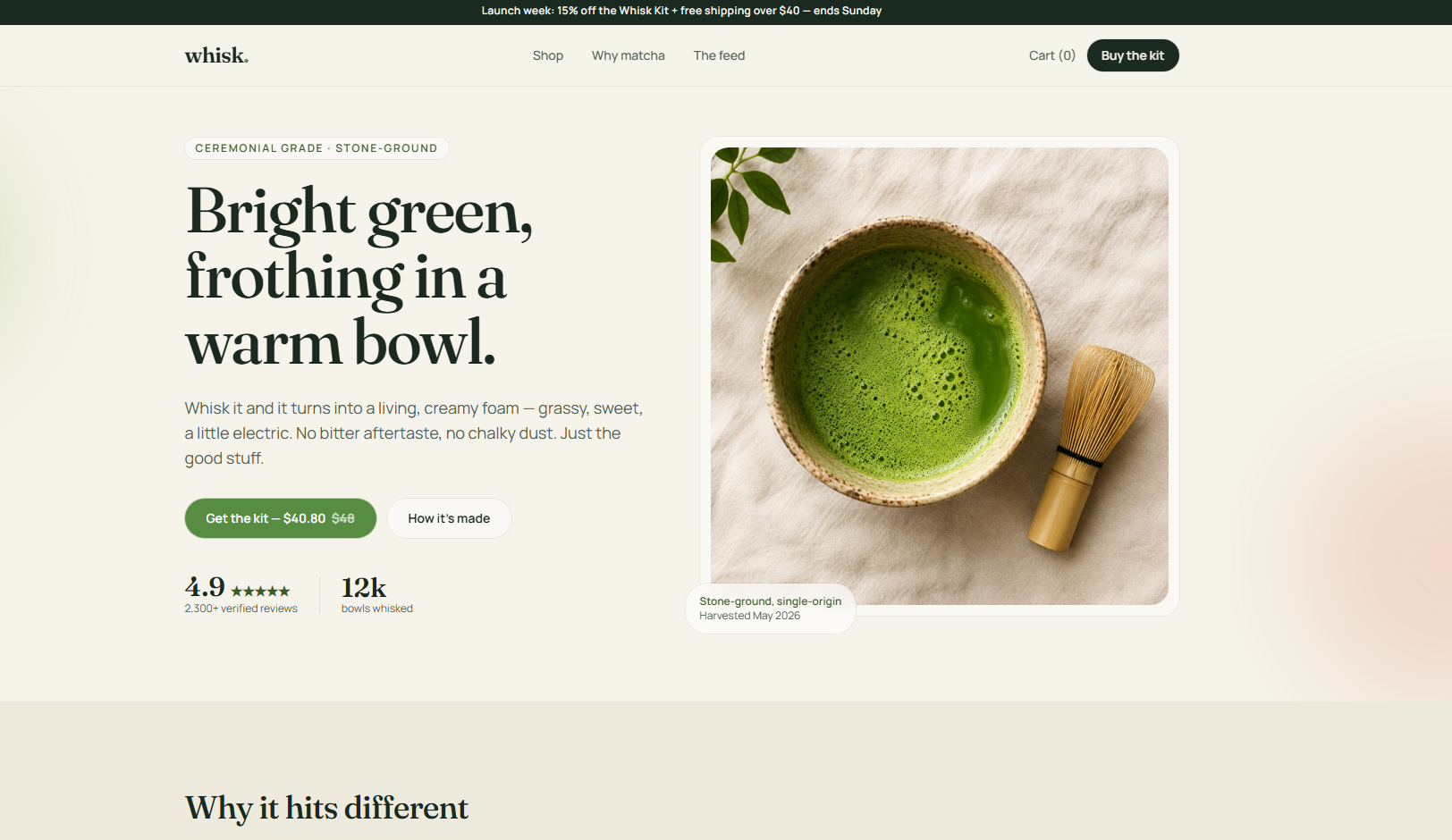 Whisk matcha website concept homepage